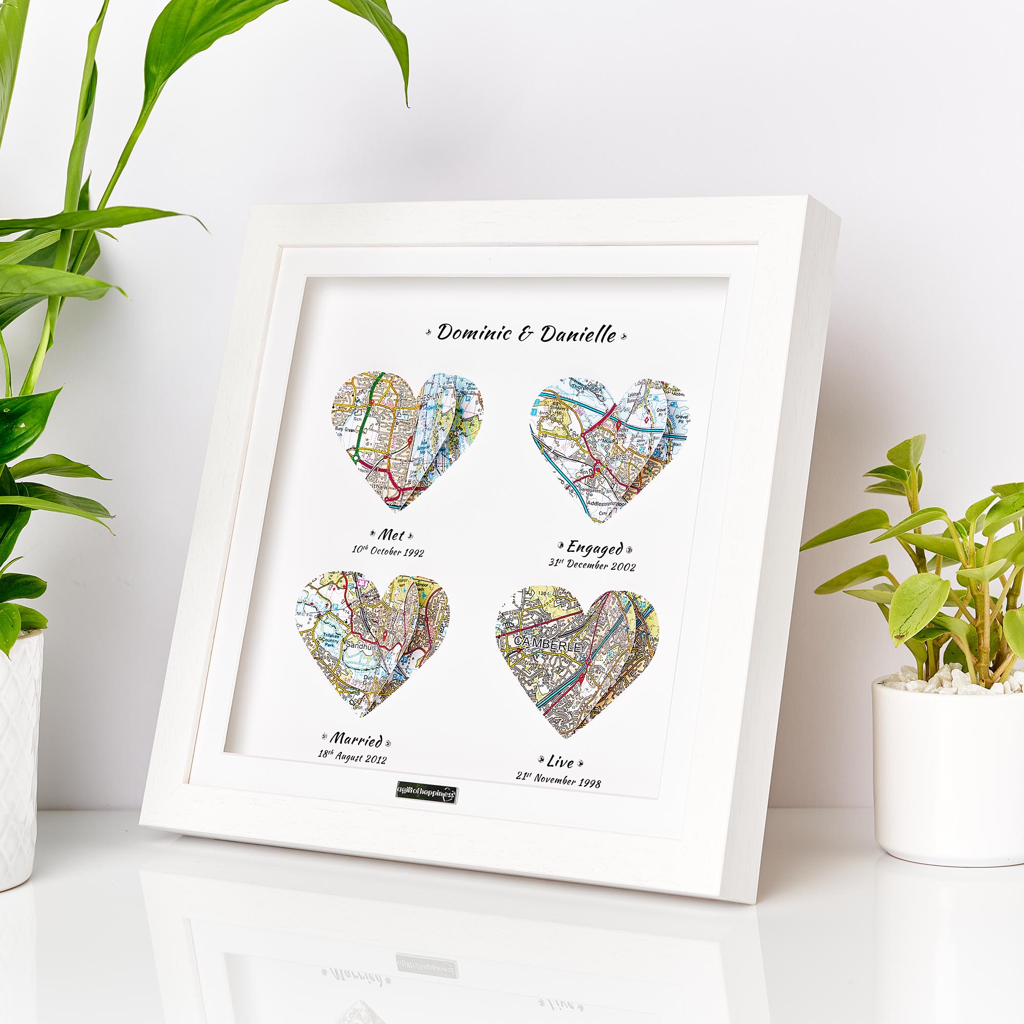 4 heart map art gift white frame