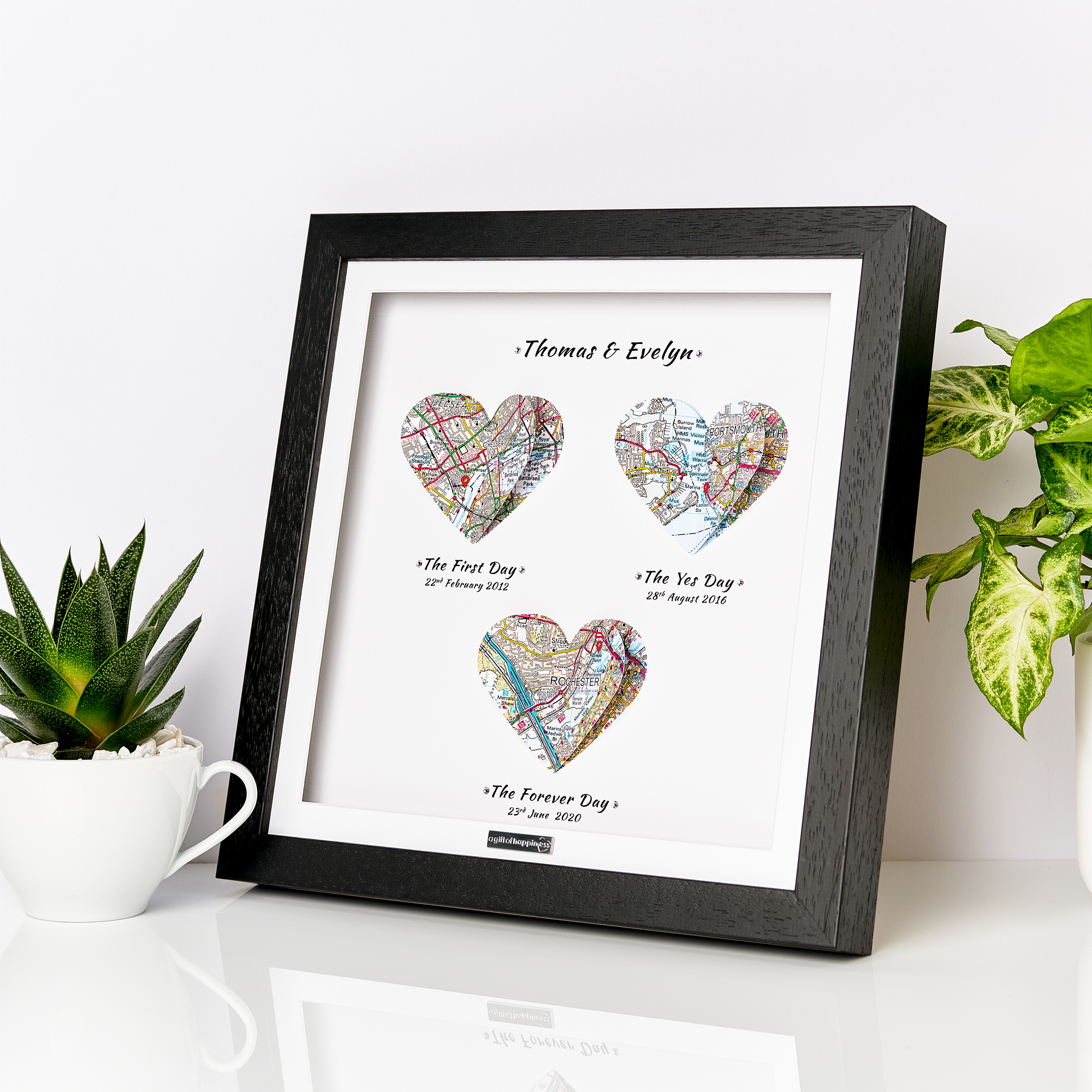 Custom Three-Heart Map Gift Frame Wall Art Gift For Her Gift For Him Black Frame