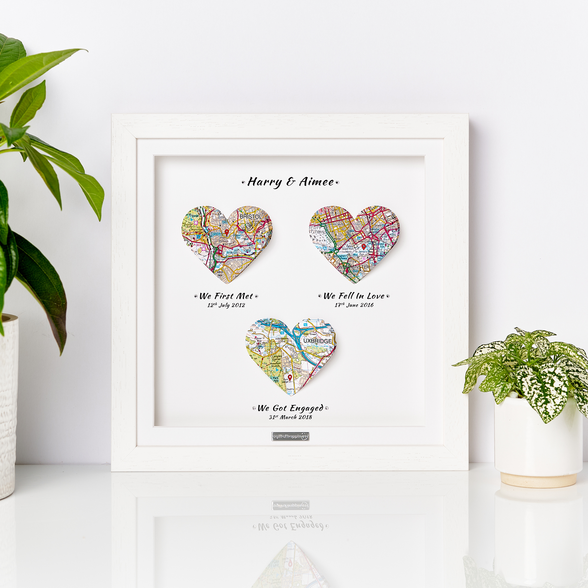 Custom Three-Heart Map Gift Frame Wall Art Gift For Her Gift For Him White Frame