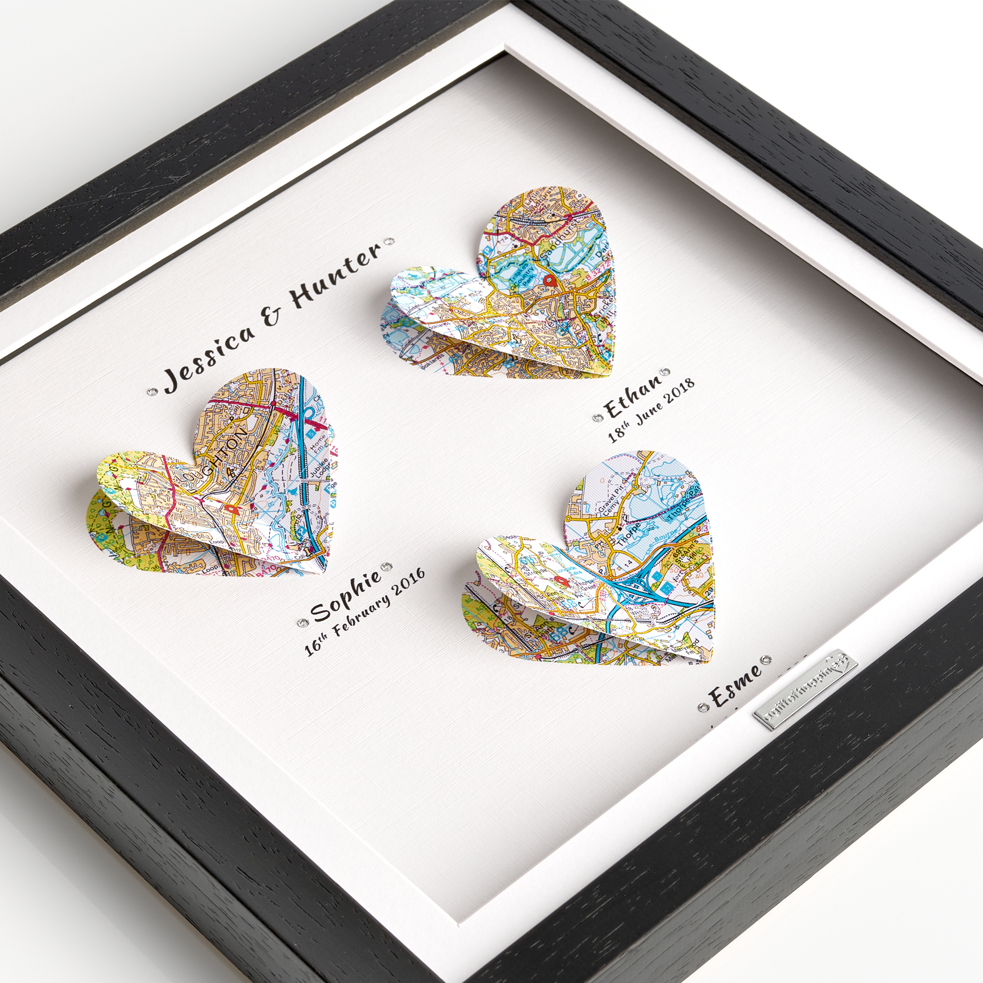 Custom Three-Heart Map Gift Frame Wall Art Gift For Her Gift For Him Black Frame